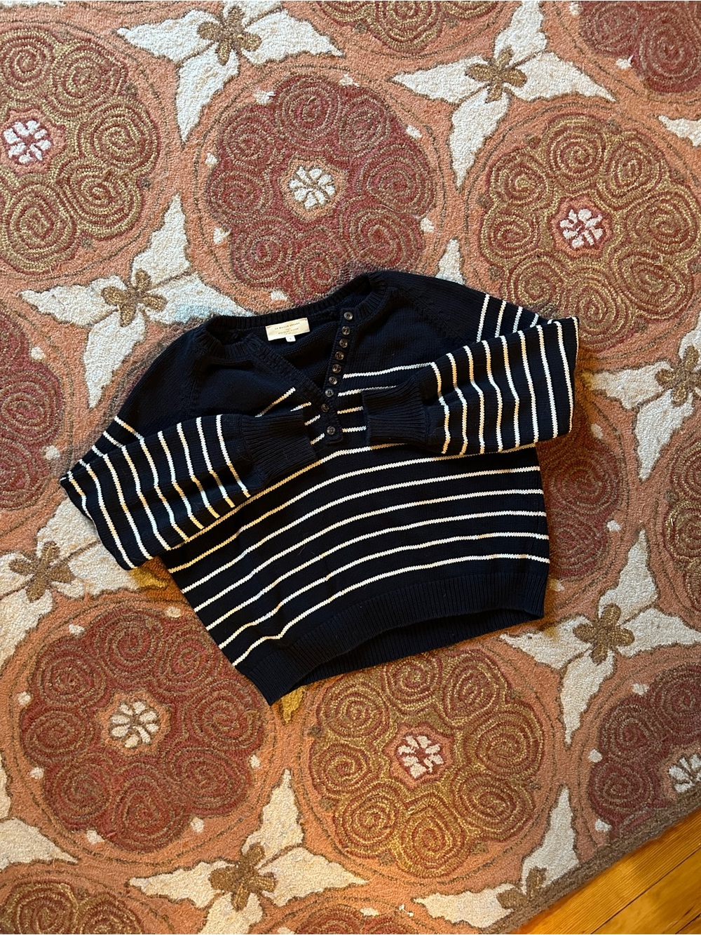 Sezane Navy and White Striped Button-Front Crew Sweater